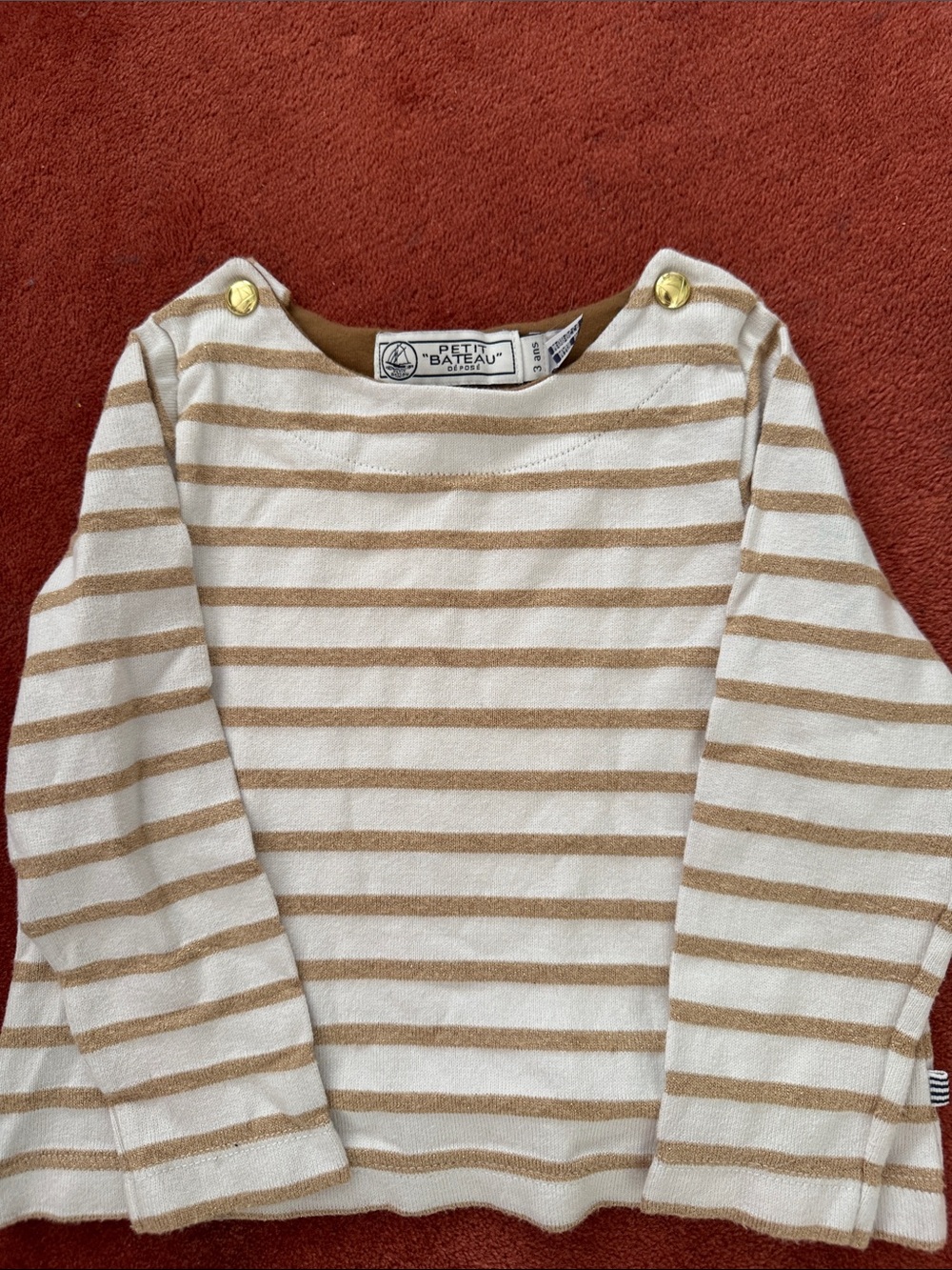 Petit Bateau Cream & Tan Striped Long Sleeve Top with Shoulder Buttons